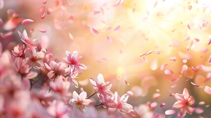 Delicate romantic spring pink background from cherry petals with copy space.