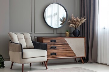 Brown chest of drawers in stylish living room interior