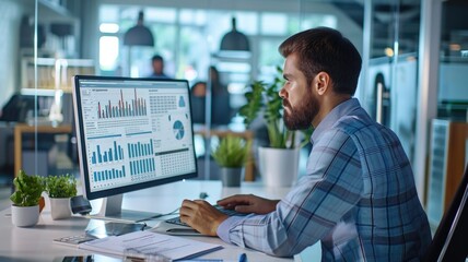 Fototapeta premium Professional Analyzing Financial Statistics on Computer Monitor in Office