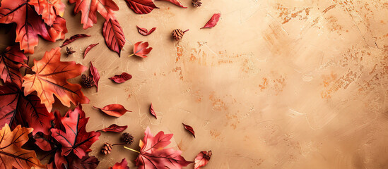 Autumn leaves on old paper background, top view, copy space