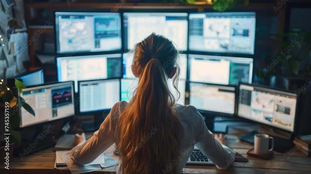 Aufkleber woman sitting on a workstation with 6 monitors reading websites searching for facts. generative ai.