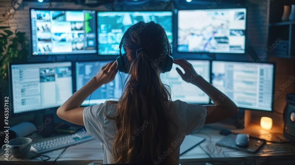 Poster woman sitting on a workstation with 6 monitors reading websites searching for facts. generative ai.