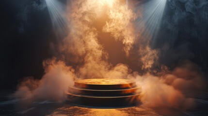 A golden podium stands on a dark background enveloped in smoke - obrazy, fototapety, plakaty