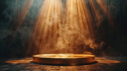 A golden podium stands on a dark background enveloped in smoke