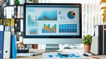 Organized Workspace with Data Analysis Charts on Computer Screen