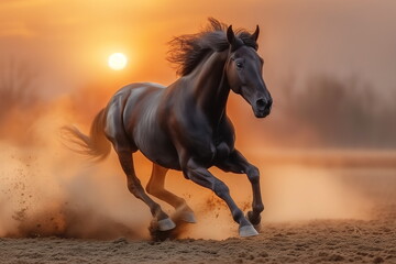 Obraz na płótnie Canvas A black horse runs energetically through the sand, its mane flying, with a warm sunset glowing in the background