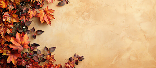 Autumn leaves on old paper background, top view, copy space