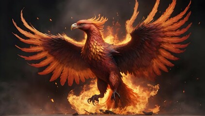 A fire-coloured raging old Phoenix rising from ashes with its wings spread. chaotic atmosphere