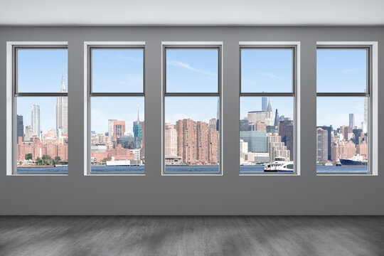 Midtown New York City Manhattan Skyline Buildings from High Rise Window. Beautiful Expensive Real Estate. Empty room Interior Skyscrapers View Cityscape. Day time. East side. 3d rendering.