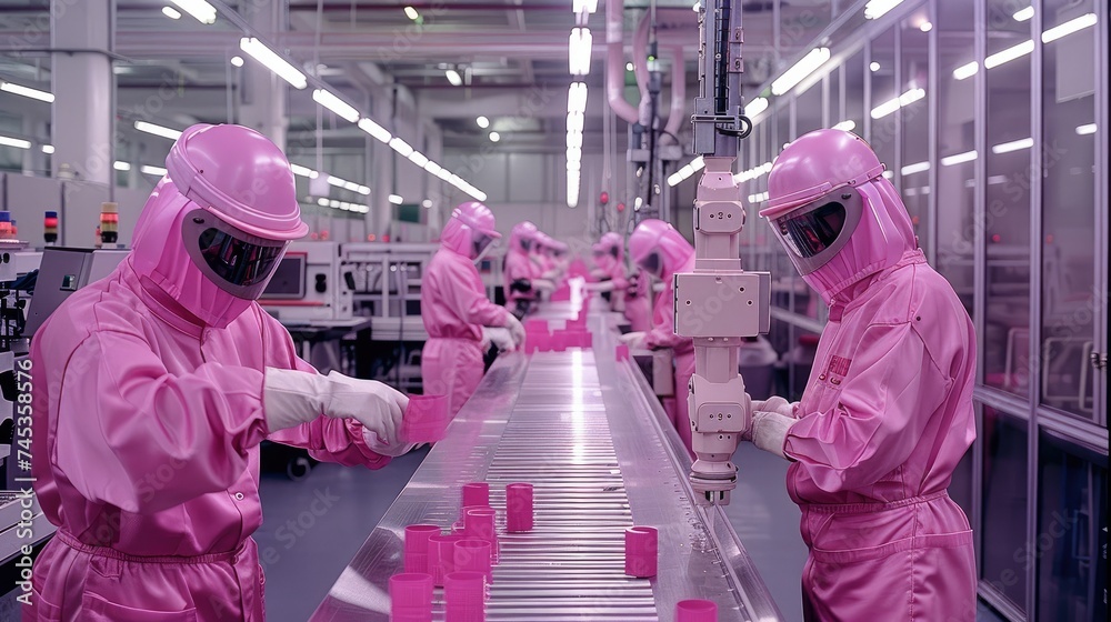 Leinwandbilder Workers in pink suits working with robot arms on production line at factory. pink factory. Generative AI.