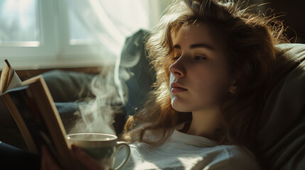 Uma jovem mulher desfrutando de um momento tranquilo com um café quente em um café aconchegante com vista para a cidade - obrazy, fototapety, plakaty