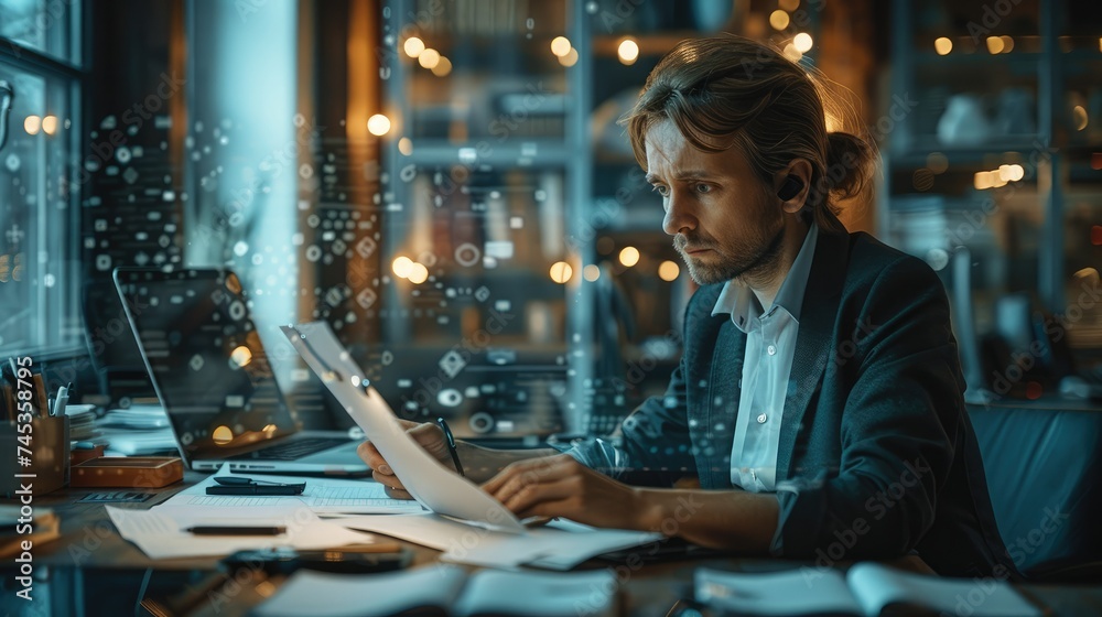 Fototapete a human accountant augmented with ai and ar working at a desk in an office. generative ai.