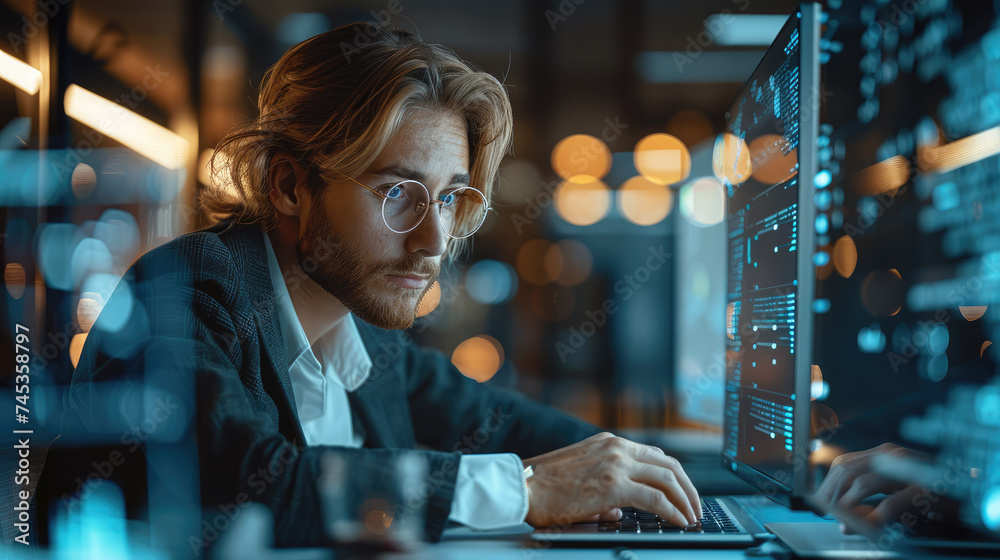 Leinwandbilder a human accountant augmented with ai and ar working at a desk in an office. generative ai.