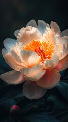 Fototapeta premium Pink white peony closeup on a black background. Beautiful flowers. The beginning of spring