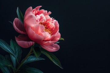 Fototapeta premium Pink white peony closeup on a black background. Beautiful flowers. The beginning of spring