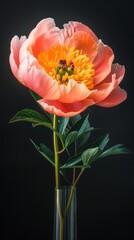 Fototapeta premium Pink white peony closeup on a black background. Beautiful flowers. The beginning of spring