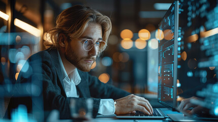 A human accountant augmented with AI and AR working at a desk in an office. Generative AI.