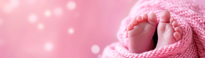 Pink background with baby feet's and copy space. It's a girl backdrop with empty space. Baby shower or birthday invitation, party. Baby girl birth announcement. Panoramic banner. - obrazy, fototapety, plakaty