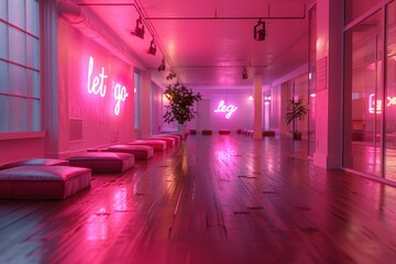 pastel pink neon sign "let go" on minimal wall