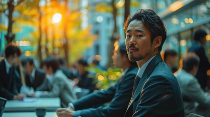 Japanese men in smart business suits are engaged in a productive dialogue. Generative AI.