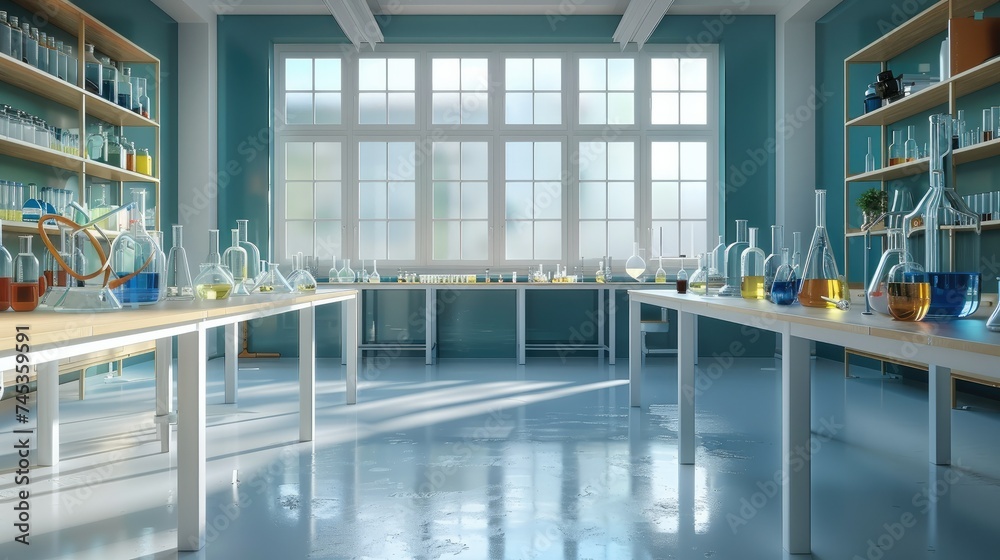 Poster Front view of a chemistry school table with a big open space in the middle, good bright studio light. Generative AI.
