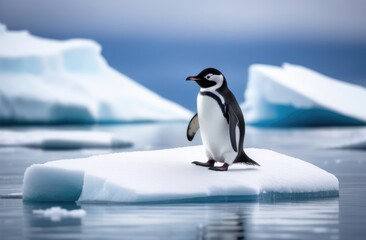Obraz premium World Penguin Day, adult lone penguin on a drifting ice floe, iceberg in the ocean, kingdom of ice and snow, snowy coast, far north