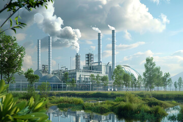 Obraz premium power plant with smoke, Efficient Carbon Capture and Storage Facilities. Driving CO2 Management Forward. Innovative Industrial Carbon Capture and Storage. Pioneering a Sustainable Future. Leading.
