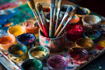 Fototapeta premium The artist paint palette, adorned with a colorful array of well-used paints, tells the story of countless creative journeys, each stroke bearing the mark of inspiration and artistic exploration