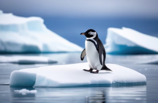 World Penguin Day, adult lone penguin on a drifting ice floe, iceberg in the ocean, kingdom of ice and snow, snowy coast, far north