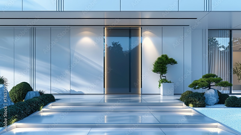 Poster The front entrance of a modern building, all in a matte finish without any extra decorations, featuring a combination of white and gray colors. Generative AI.