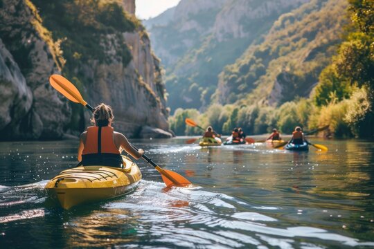 Kayakers Enjoying Scenic River Adventure in Canyon.