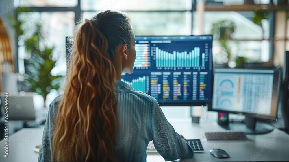 Poster woman sits at desk looking at a monitor with product traffic analysis displayed on the computer. gen