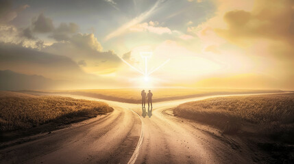 Love Journey, Silhouetted Couple Strolling Towards Vibrant Sunset - obrazy, fototapety, plakaty