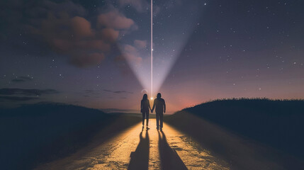 love Journey, Silhouetted Couple Strolling Towards evening lights - obrazy, fototapety, plakaty