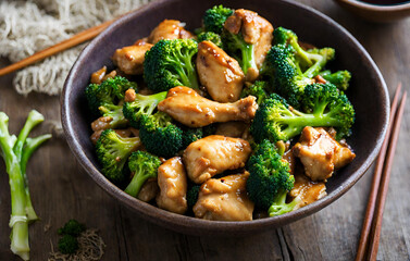 Top view stir fried broccoli and chicken in white plate on wooden table. Pro Photo
