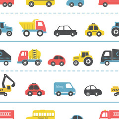 Toy Cars Seamless Pattern. Different toy cars: firefighters car, truck, taxi, bus, concrete mixer truck, garbage truck, delivery truck, tractor. Toys for the babies. Vector illustration on white