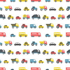 Toys Seamless Pattern. Different toy cars: firefighters car, truck, taxi, bus, concrete mixer truck, garbage truck, delivery truck, tractor. Toys for the baby boys. Vector illustration on white