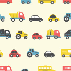 Toy Cars Seamless Pattern. Different toy cars: firefighters car, truck, taxi, bus, concrete mixer truck, garbage truck, delivery truck, tractor. Toys for the baby boys. Vector illustration on yellow