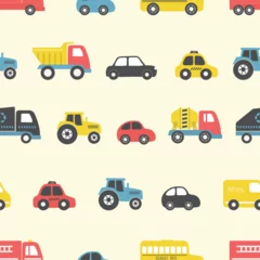 Glasbilder Autorennen Toy Cars Seamless Pattern. Different toy cars: firefighters car, truck, taxi, bus, concrete mixer truck, garbage truck, delivery truck, tractor. Toys for the baby boys. Vector illustration on yellow
