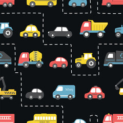 Toy Cars Seamless Pattern. Different toy cars: firefighters car, truck, taxi, bus, concrete mixer truck, garbage truck, delivery truck, tractor. Toys for babies. Vector illustration on black