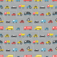 Toy Cars. Seamless Pattern. Road Traffic Print. Different toy cars: firefighters car, truck, taxi, bus, truck, garbage truck, delivery truck, tractor. Toys for babies. Vector illustration on gray