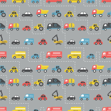 Toy Cars. Seamless Pattern. Road Traffic Print. Different toy cars: firefighters car, truck, taxi, bus, truck, garbage truck, delivery truck, tractor. Toys for babies. Vector illustration on gray