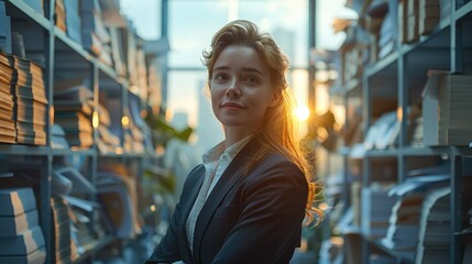 Fototapeta premium A diligent HR office professional woman, meticulous organizing employee records in a modern, sleek office environment. Generative AI.