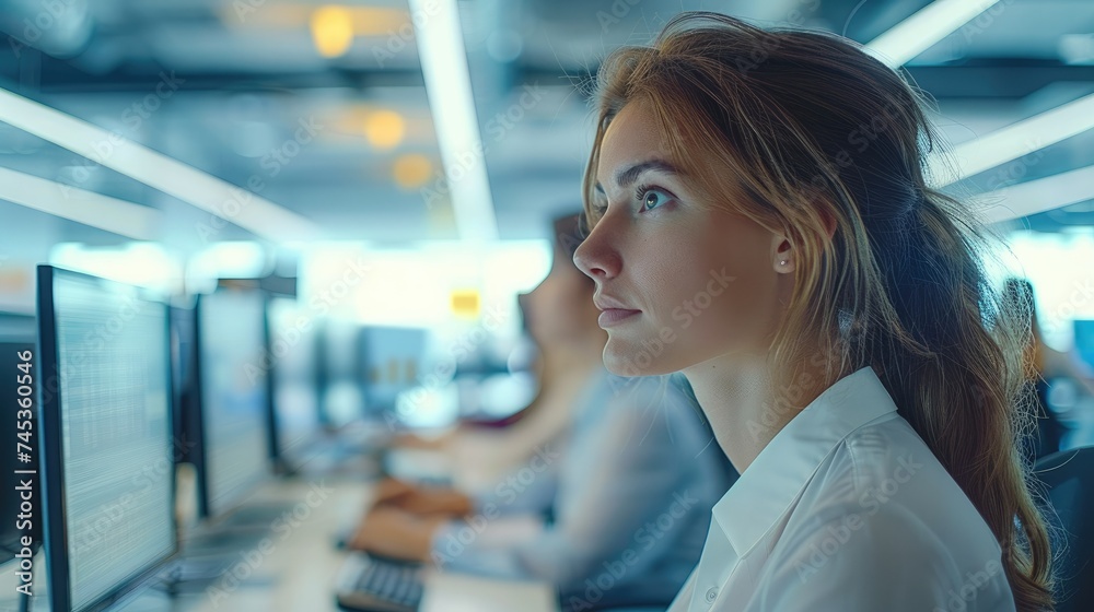 Aufkleber woman marketing analysts and specialists working in a modern open space office. generative ai.
