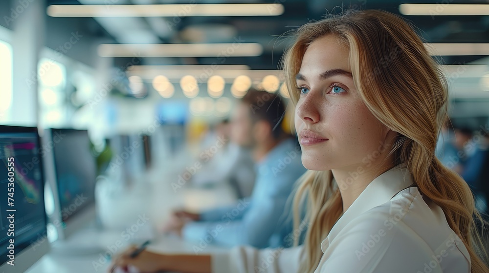 Aufkleber woman marketing analysts and specialists working in a modern open space office. generative ai.