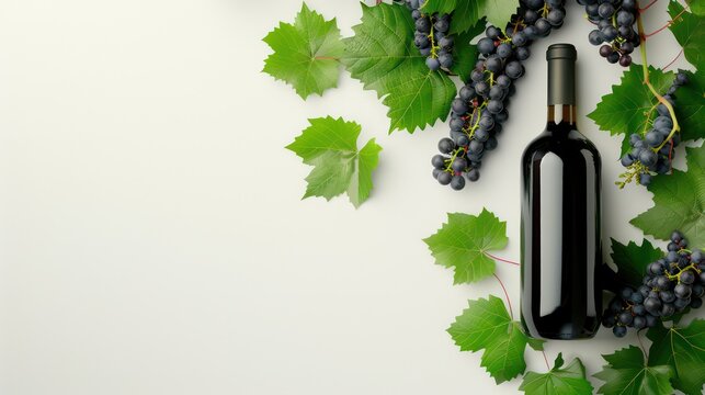 Bottle of red wine with ripe grapes and vine leaves on white background. Copy space, top view.
