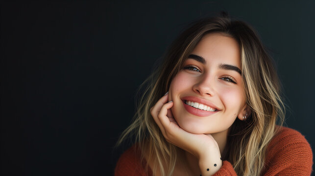 Smiling, Happy, and Attractive Young Woman Strikes a Pose in Studio Shot - Positive Vibes, Joyful Expression, and Confidence in Glamorous Fashion Photography for Lifestyle Blogs, Social Media
