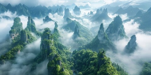 A fantastic landscape with lush mountains, mist, and a breathtaking sunrise.
