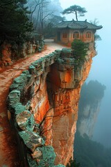 A scenic landscape, featuring high cliffs, an ancient bridge, and a picturesque gorge.