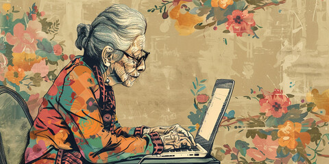 Illustration of a elder woman using a laptop